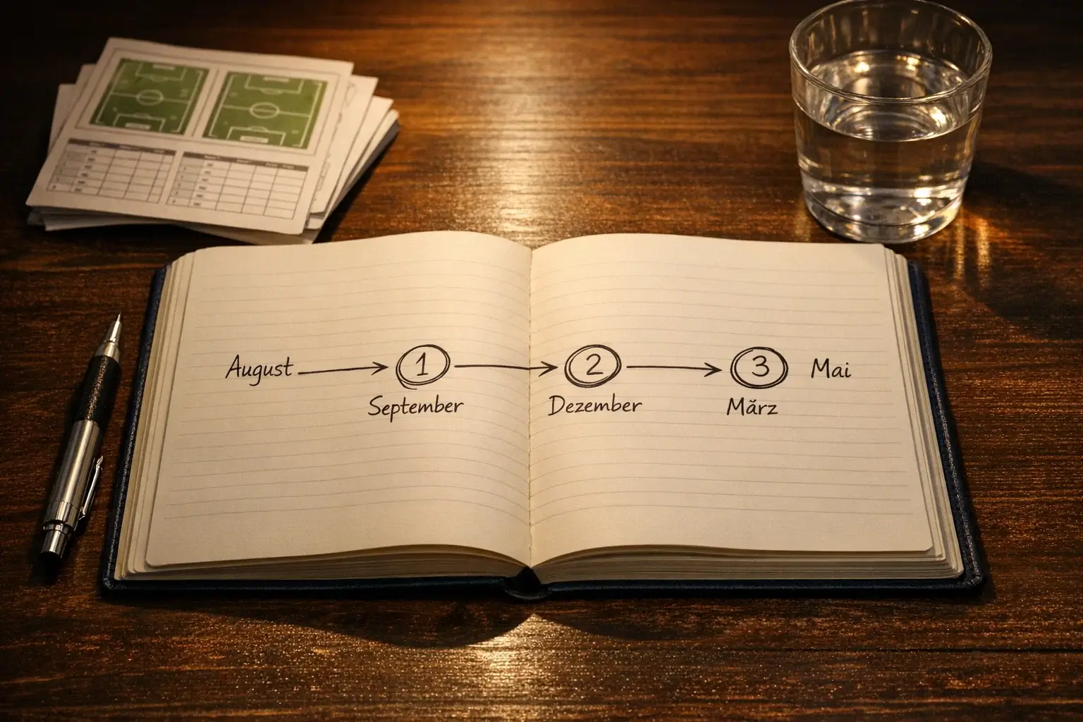 Notizbuch mit handschriftlichen Strategienotizen und ein Stift auf einem Schreibtisch — Planung einer Bundesliga-Langzeitwetten-Strategie